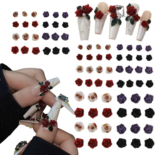 80個セットの3D立体ネイルパーツ - ローズとツツジ花リボン、ネイル飾り 手作り樹脂ジュエリーパーツ、3サイズネイルアートデコネイル パーツ、4色混合DIYハンドメイド ボウタイ キュート レジン パーツ (I)