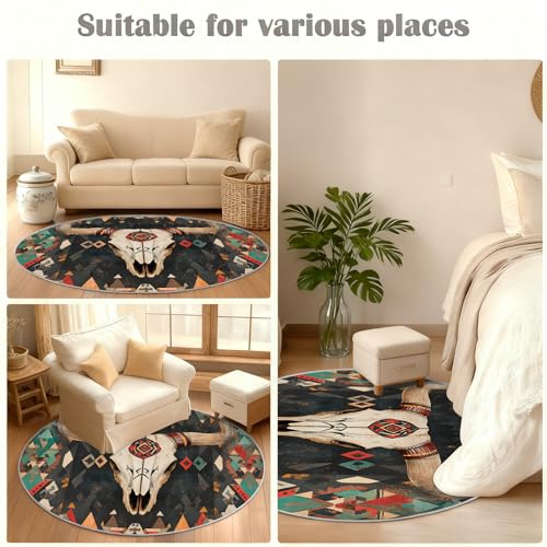 Tapis circulaire géométrique lavable et antidérapant style bohème