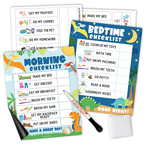 Image of Magnetic Morning & Bedtime Routine Chart for Kids - Customizable Toddler Daily Schedule Board with Dry Erase Surface, Stickers & Marker, Build Habits with Visual Checklists, Dinosaur Theme