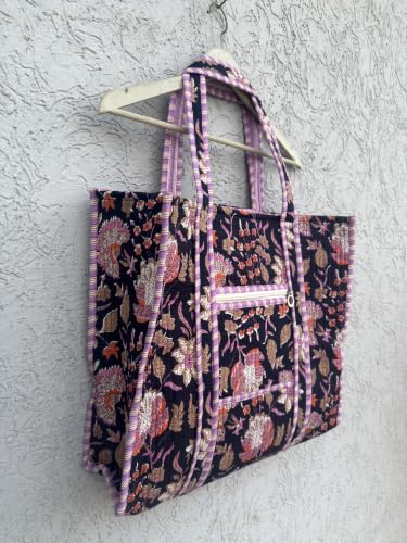 Image of Quilted Cotton Hand printed Reversible Large multicolor cotton Tote Bag,Indian Handmade Block Printed Tote Bag Women Handbag
