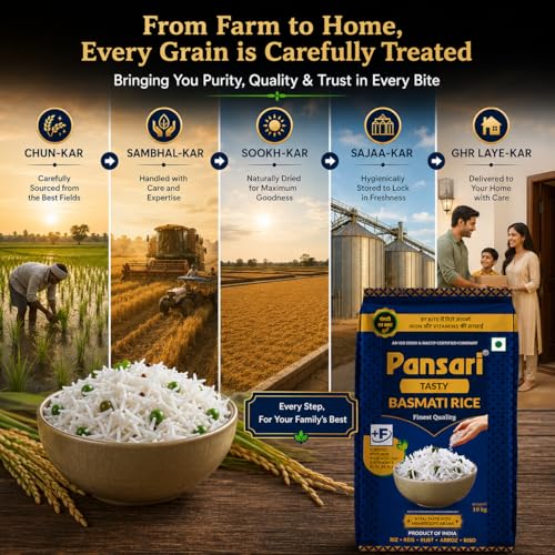 Image of Pansari Tasty Tibar Basmati Rice 5 Kg- Great Taste and Aroma - Broken Rice, Fortified with Iron and Vitamins - Ideal for Biryani, Pulao, and Everyday Meals