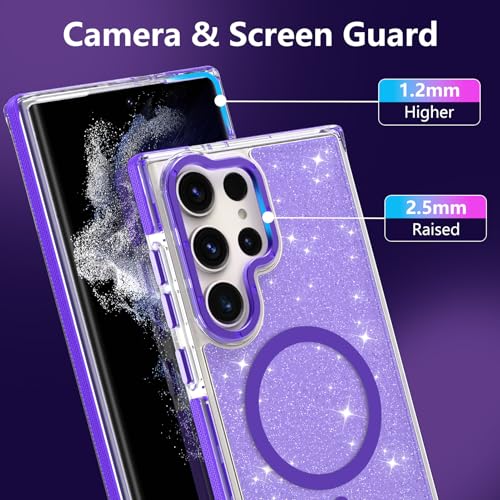 Image of Magnetic Case for Samsung Galaxy S22 Ultra [Compatible with Magsafe] [Bling Glitter Fluorescent Design] [1 Screen Protector] Slim Translucent Matte Case for Galaxy S22 Ultra 6.8 inch, Purple