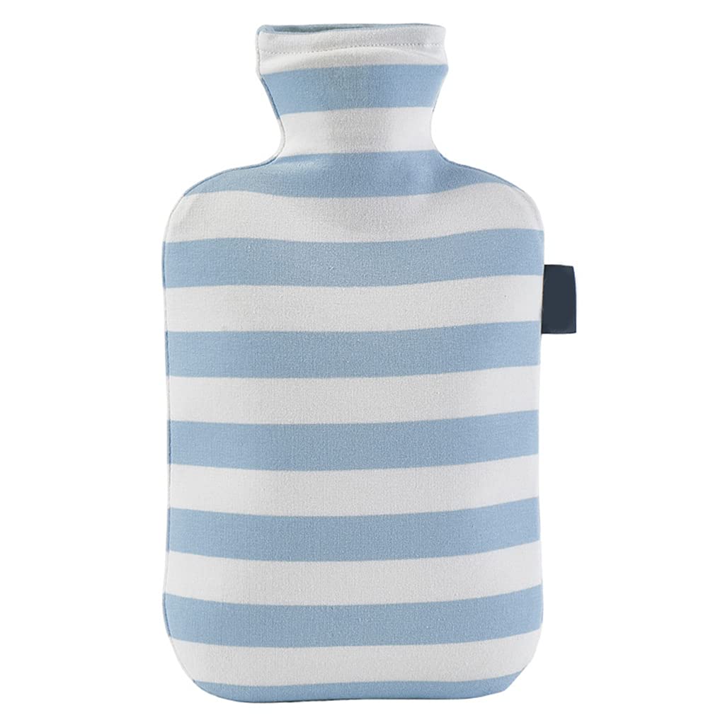 HANBOLI Hot Water Bag, 2L Hot Water Bottle With Striped Print Soft Cotton Cover Portable Explosion-Proof Winter Reusable Hand Feet Warmer Sky Blue