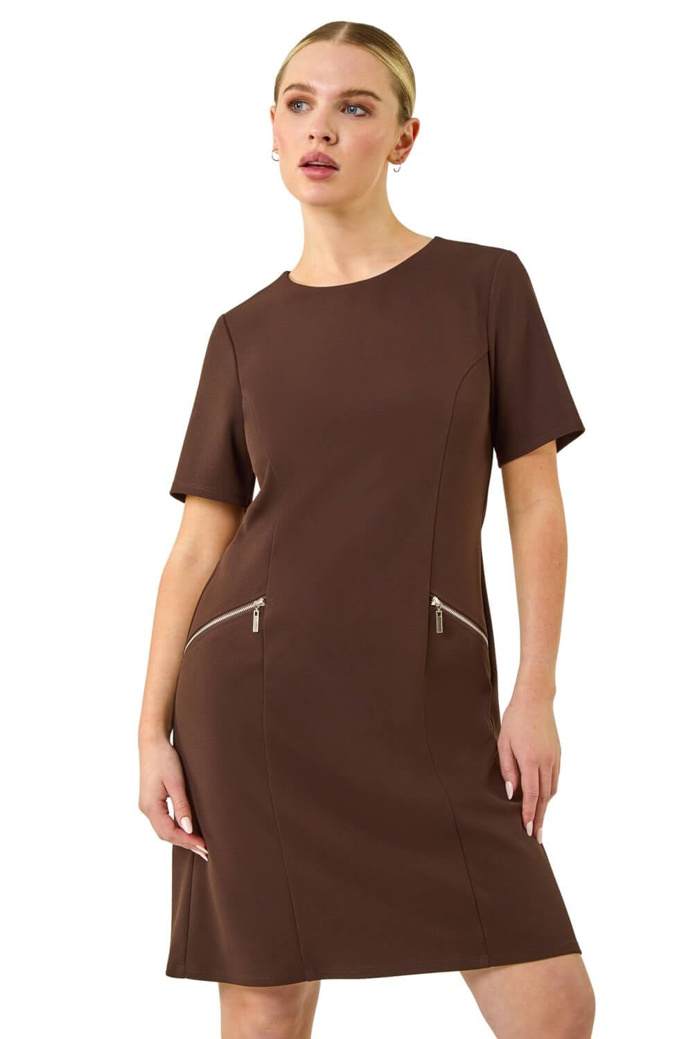 Roman Spot Print Zip Pocket Jersey Dress for Women UK - Ladies Everyday Holiday Autumn Winter Round Neck 3/4 Sleeves Comfy Soft Evening Vacation Work Party Shift