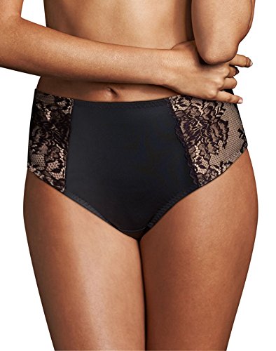 Maidenform Womens Sexy Lace Light Control Thong, L, Black w/Body Beige Lining