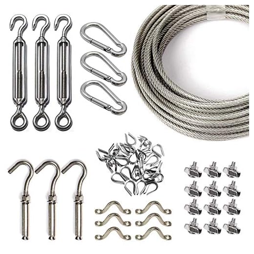 Kit de Colgador de Cuerda de Acero Inoxidable, Cadena para Exteriores, Kit de Suspensión de Cuerda, 50m con Tensor y Ganchos, Cable de Cuerda de Alambre con Hebilla y Ganchos
