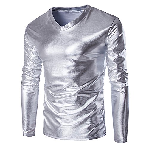 WENKOMG1 Mens Metallic Shirt,Prom Crewneck Blouse Shiny Reflective Disco Shirt Long Sleeve Slim Fit Top