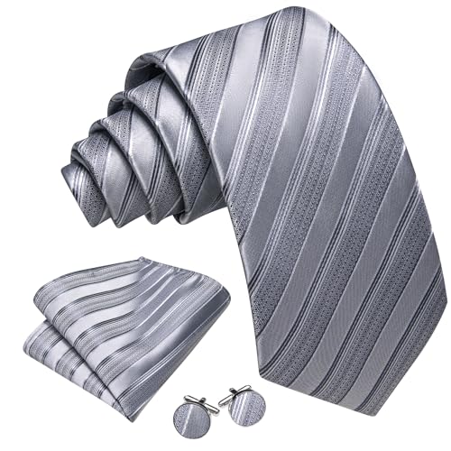 Image of Barry.Wang Tie Sets for Men Silk Stripe Necktie Woven Checkered Handkerchief Cufflinks Formal Business Wedding