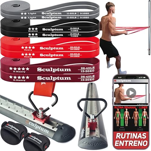 Entrenamiento EN CASA | Equipo Completo MUSCULACIÓN | 8 Bandas ELÁSTICAS Resistencia con Anclaje A Pared Multi-POSICIÓN 2m | 5-40 Kg | Video-GUÍA Ejercicios.
