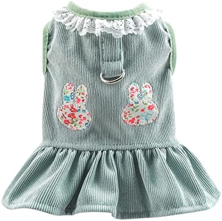 TENGZHI Dog Harness Dress with D Ring Rabbit Patch Lace Princess Puppy Dress Skirt Fall Winter Thick Corduroy Holiday Pet Clothes Dresses for Small Dogs Girl Cat Outfit (XS, Green)