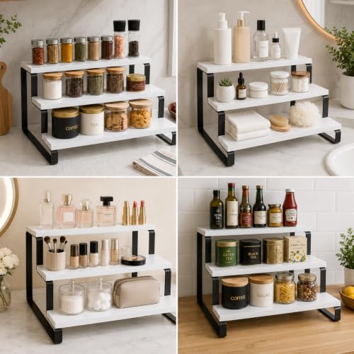 Image of 3 Tier Wooden Spice Rack, White, 35 x 24 x 15 cm