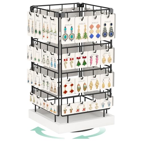 Image of EsLuker.ly Rotating Earring Display Holder Stand for Vendors Events Selling, Large Capacity 64 Hooks Jewelry Rack with Wooden Base for Earring Card Sales, Enhances Retail Display Visibility
