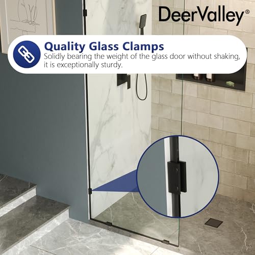Image of DeerValley 32 inchx78 inch Frameless Shower Glass Panel, Matte Black | 3 /8'' Thick Tempered Glass, Stainless Steel Clamps, Reversible Installation, Easy to Clean