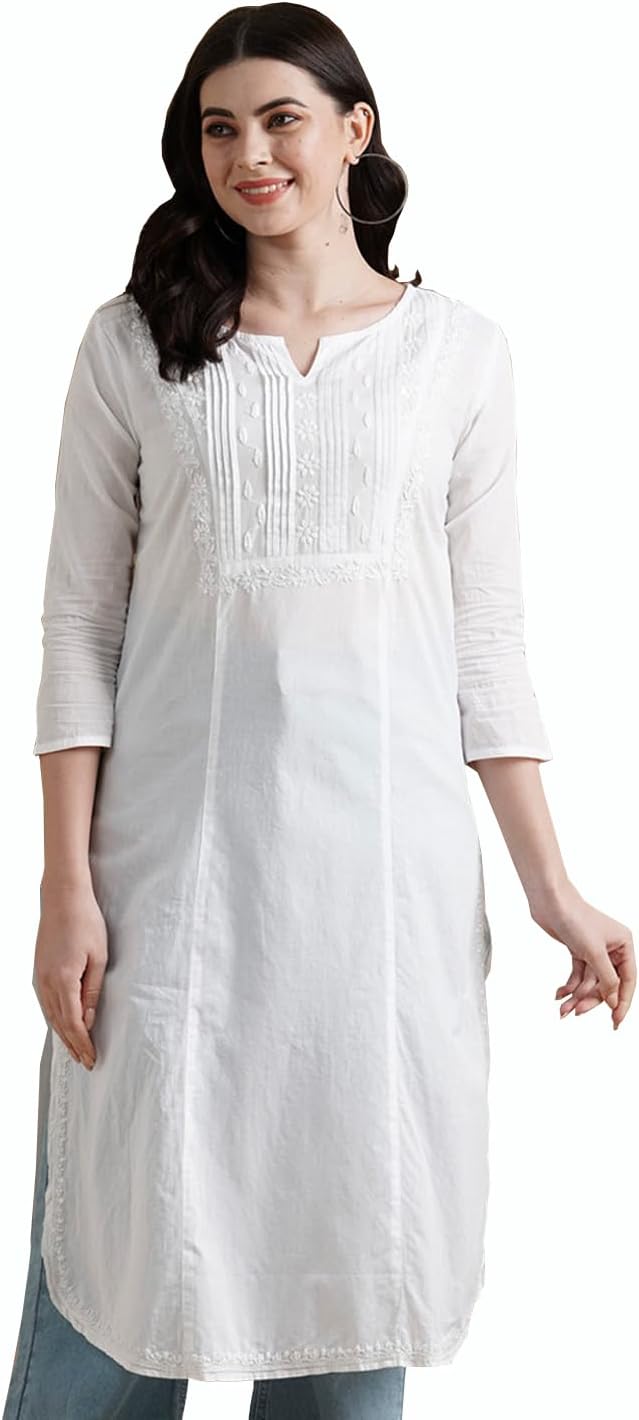 Ada Hand Embroidered Indian Chikankari White Cotton Kurta Kurti Tunic for Women A100140
