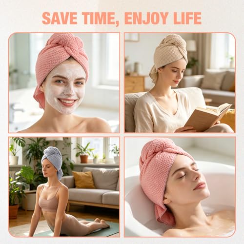 Image of 3 Pack Microfiber Hair Drying Towels for Women, Super Absorbent Microfiber Hair Towel for Curly Hair, Hair Drying Towel Wrap for Hair Care with Elastic Strap