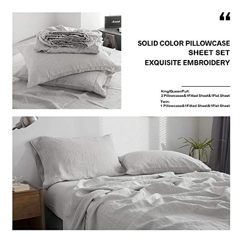 Simple&Opulence 100% Washed Linen Sheet Set-Queen Size-Natural France Flax Bed Sheet-4 Pcs Breathable,Ultra Soft,Farmhouse Bedding (1 Flat Sheet,1 Fitted Sheet,2 Pillowcases)-Embroidery Grey #TOP3