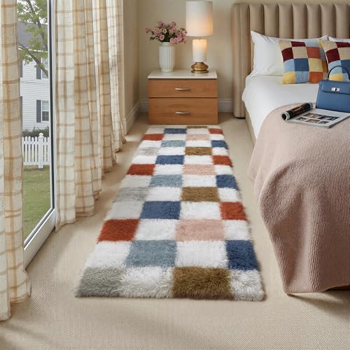 Tapete quadriculado 5 x 15 cm para quarto, tapete felpudo moderno arco-íris...