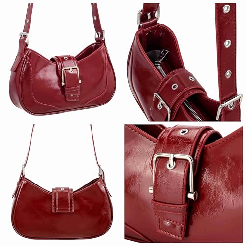 Image of Ayliss Shoulder Bag for Women Red Purse Y2k Top Handle Bag Burgundy Purse Vegan Leather Tote Handbag Clutch Hobo Studded | Purse