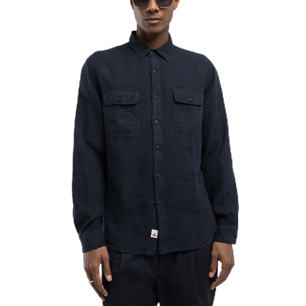 Replay Men's Regular fit Linen Shirt, 970 Dark Navy, L