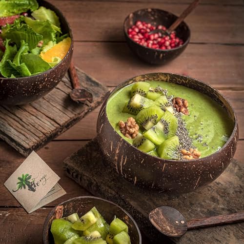 Image of Thenga Jumbo 900ML Artisan Coconut Shell Bowls & Spoon Set | Eco-Friendly Handmade Wooden Bowls for Smoothie, Salad, Breakfast, Buddha Bowls & Meals | Set of 20 from Kerala