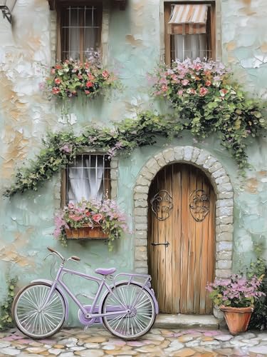 STYLER Leinwandbild Pastel Alley 60x80 cm – Romantische Altstadtgasse mit Fahrrad – Mediterranes Wandbild im Pastellstil