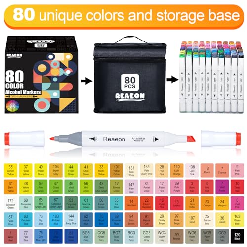 Reaeon Alcohol Art Markers, 80 Colors Fine & Chisel Dual Tip Marker Set, Permanent Art Markers for Adults Sketching Painting Drawing and Coloring(White Barrel) - Thumbnail 3