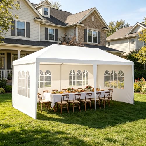 Image of 10x20 White Canopy Tent with 4 Removable Sidewalls and Windows, Waterproof Outdoor Party Gazebo Tent for Backyard Wedding Events BBQ Graduation
