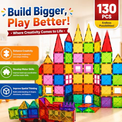 Image of LATI 130-Piece Magnetic Tiles Building Toy Large Set for Kids,Magnetic Building Blocks Construction Set,Open-Ended Play STEM Educational Toy,Compatible with Other Brands,Gift for Boys & Girls Ages 3-8