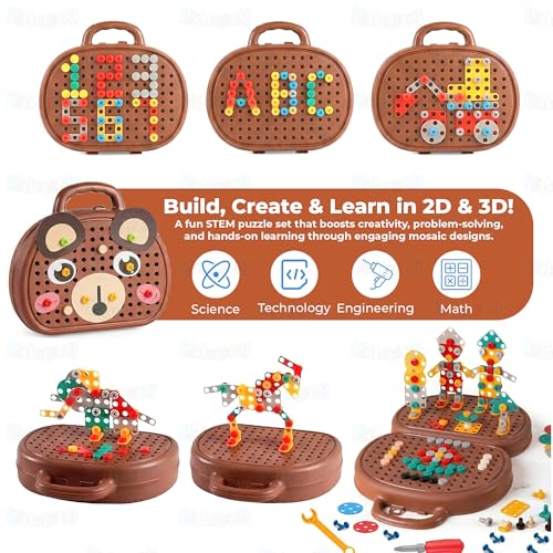 Image of Kidology Creative Toolbox with Toys Electric Drill Screwdriver Tool Set Creative Mosaic Puzzle Toy - 203 Pieces Electric Drill Toy & Rainbow Fasteners, Premium STEM Building Set for Kids 3+ Years Old