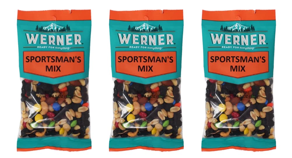Werner Sportsman’s Trail Mix Pack of 3 – Roasted Nuts  Raisins & Chocolate Mix 6.5 Ounce Bags