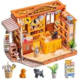 Rolife DIY Miniature Dollhouse Kit Fluffy Friends Hub, Cozy Pet Shop Tiny House with Furniture, DIY Miniature Model Building Kit for Pet Lovers, Mini Lifestyle Bookshelf Decor Gift for Adults Teens