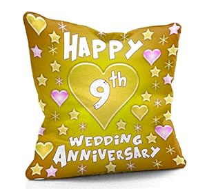 DreamVio Happy 9th Anniversary Cushion,Pillow for Gifting on Birthday's & Wedding to Couple,Husband, Wife, Friends Color : Golden (12 x 12 inch)