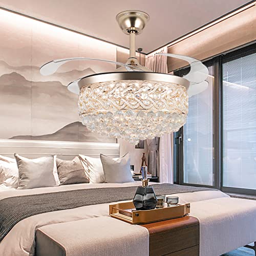 42″ Chandelier Ceiling Fan Light, Modern Retractable Invisible Ceiling