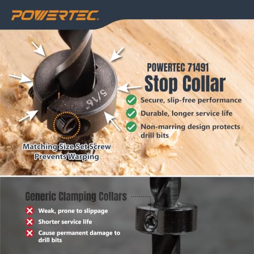 Image of POWERTEC Drill Bit Stop Collar Set, 7 Piece Set Adjustable Drill Bit Depth Stopper with Allen Wrench, Bit Stop with Imperial System Size Markings - 1 /8 inch, 3 /16 inch, 1 /4 inch, 5 /16 inch, 3 /8 inch, 7 /16 inch, 1 /2 inch (71491E)