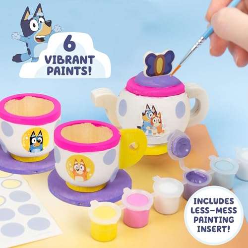 Image of Bluey Paint & Play Tea Party, 6-Piece Wooden Tea Set, Customize with Paint & Stickers, 2 Wearable Crowns, Fun Toys for Kids, Cute Birthday Party Decorations, Pretend Play Tea Party, Toys