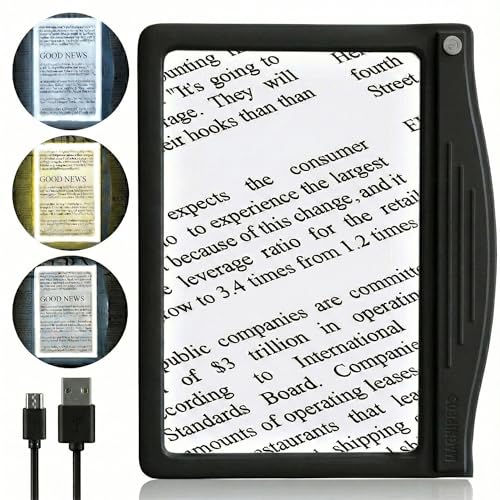 MagniPros 5X Rechargeable Large Ultra Bright LED Page Magnifier with Anti-Glare Lens & 3 Color...