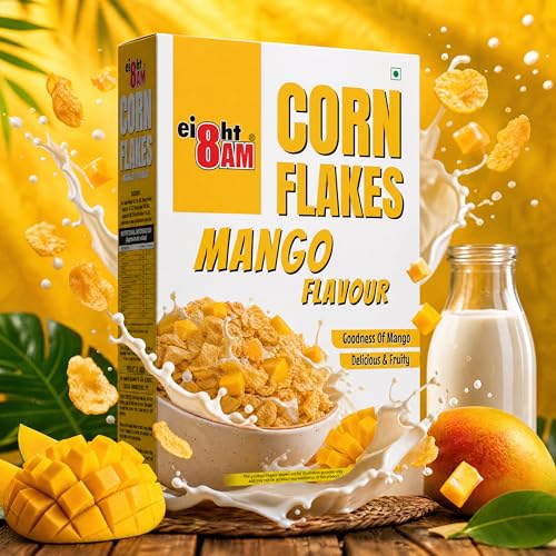 Image of 8AM Corn Flakes Mango 300 Gram (Pack Of 3), Golden Corns & Mango, No Cholesterol, Trans Fat, Artificial Additives, Iron & Calcium, Crunchy & Nutritious Whole Grain Breakfast Cereal