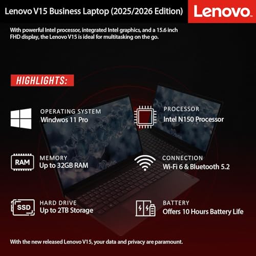 Image of Lenovo 2026 Newly Released Business Laptop with MS 365 for the Web, Intel Powerful Processor, 8GB DDR5, 512GB PCIE, 15.6 inch FHD Display, Fast Charging Speed, 10-Hour Battery Life, Windows 11 Pro