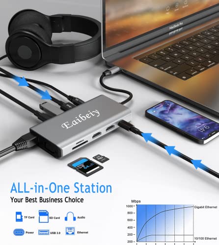Eaibeiy Usb C Docking Station Laptop Dual Monitor, 11 In 1 Usb C Hub Dual Hdmi Multiport Adapter For Dell/Lenovo/Surface/Macbook Pro Laptops(2 Hdmi, Vga, Pd, Ethernet, 3 Usb Port, Sd/Tf, Audio/Mic) #TOP4