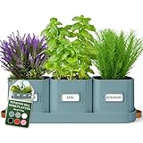 volila Herb Planter Indoor - Set of 3 Teal Blue Indoor Herb Garden Pots for Plants with Leather Handled Tray - Window Sill Plant Shelf - Herb Pots with Drainage Holes and Labels