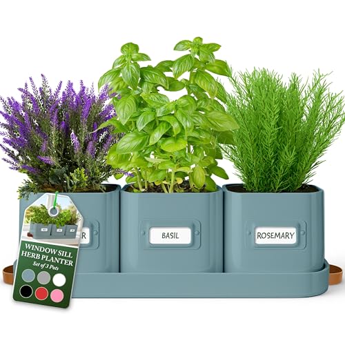 volila Herb Planter Indoor - Set of 3 Teal Blue Indoor Herb Garden Pots for Plants with Leather Handled Tray - Window Sill Plant Shelf - Herb Pots with Drainage Holes and Labels