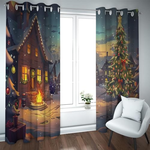 HOBBOY Christmas Theme Curtains Xmas Night Scenery Snow Pine Tree Print Window Drapes Farmhouse Blackout Curtains for Bedroom Living Room 2 Panels 2X W38xL63in