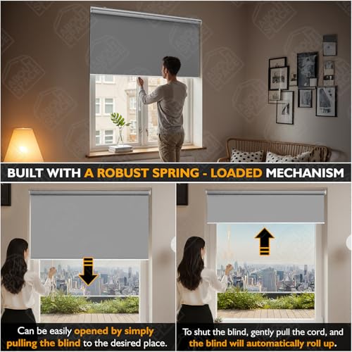 Image of ABOUT SPACE Window Blinds - 7 x 4 ft Cordless Blackout Roller Blinds for Privacy, UV Protection | 100% Blackout Roll Up Curtain Window Shades for Home, Office, Living Room, Bedroom- Light Grey