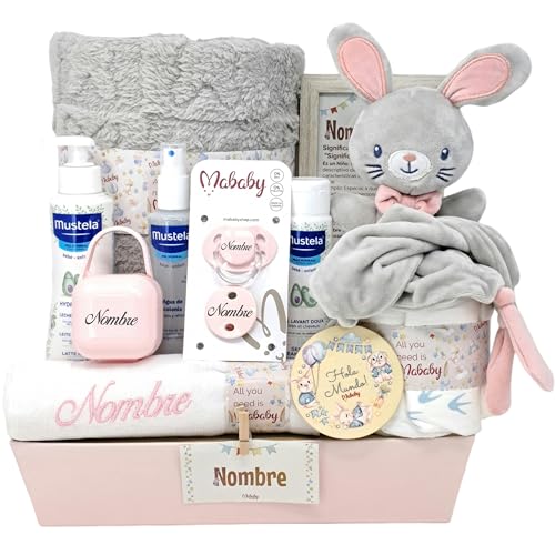 Mababyshop My Bunny - Canastilla Bebé Personalizada con Mantita, Dou Dou Conejito, Muselina Bordada, Chupete Personalizado y Set Cosmética Recién nacido (Rosa/Gris)