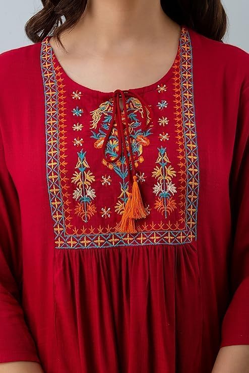 Image of Avayayat Short Kurti for Women | Embroidered Straight Rayon Kurta | Round Neck Full Sleeves Short Kurti for Women's