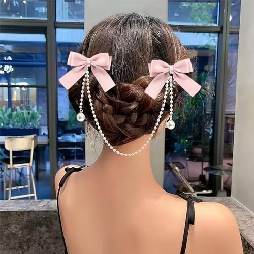 Pinza para cabello con moño de satén y perlas rosa miniatura 2