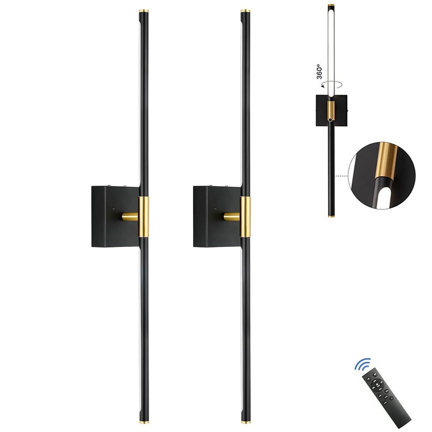 Battery Operated Wall Sconce with Remote Control Dimmable Wall Sconces Set of Two,Dimmable Wireless LED Wall Lamp,USB Rechargeable Wall Lights,360°Rotate,for Living Room, Bedroom,28 in(Black,2pack)