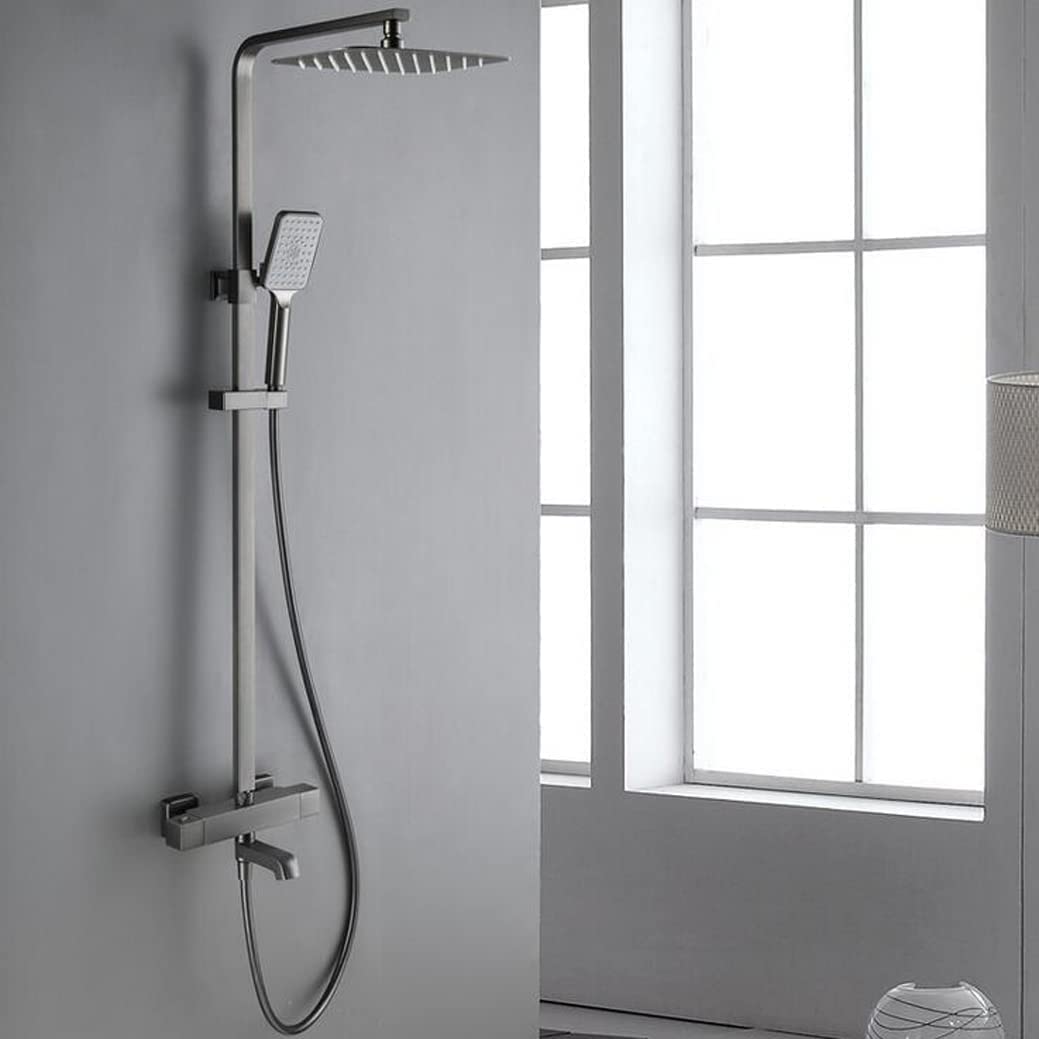 DFGHNBVC Shower Set Shower System, Gun Gray Thermostatic Shower Taps Set Brass Diverter Mixer Bathroom Rain Shower Head Bath With Rainfall Shower Head And Handshower, Wall Mounted Shower