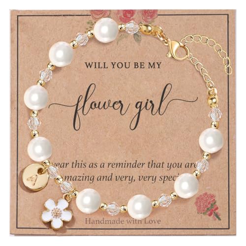 enasal Personalized Flower Girl Proposal Gifts, Will You Be My Flower Girl ? Initial A-Z Cute Shell Pearl Bracelet for Girls