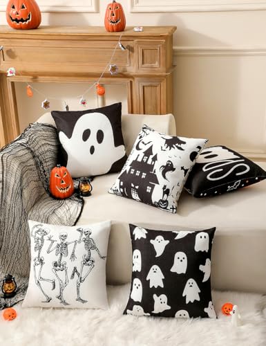 Halloween Decorations Set of 4 Double-Sided Print Ghost Pillow Covers 20" x 20", with 8 Cute Different Looks with Halloween Decor, Soft Linen Throw Pillow Covers for Outdoor & Indoor Use
